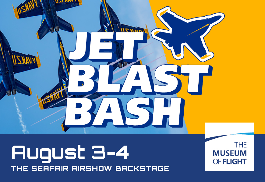 Promotional poster for the "Jet Blast Bash" event showing four Blue Angels jets in formation against a clear sky, with the U.S. Navy and Blue Angels logos visible on the jets. The event graphic includes a large blue outline of a jet with the text "JET BLAST BASH" in bold white and yellow letters. The event dates "August 3-4" and additional text "The Museum of Flight Backstage" are displayed below. The Museum of Flight logo is present in the lower right corner.
