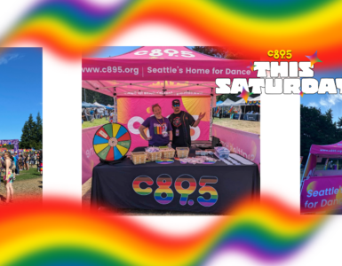 Promotional event for C89.5 radio station, featuring a booth with three individuals under a colorful banner, surrounded by attendees and various activities in a sunny outdoor setting.