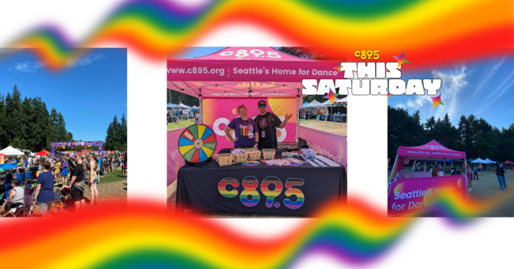 Promotional event for C89.5 radio station, featuring a booth with three individuals under a colorful banner, surrounded by attendees and various activities in a sunny outdoor setting.