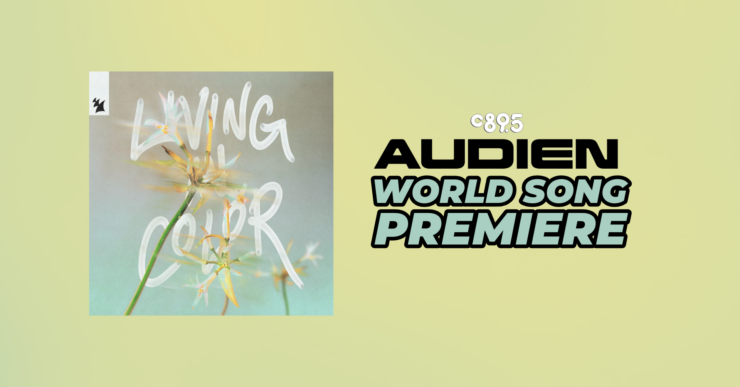 Graphic featuring text "Loving Color" on a light green background with a floral image and text "C895 Audien World Song Premiere" on a darker green background.