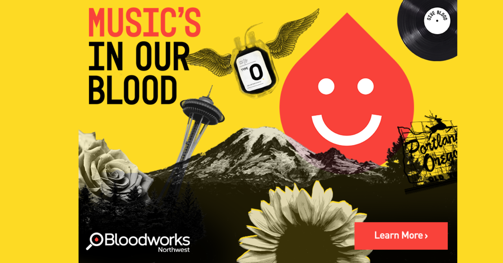 Promotional image for Bloodworks Northwest, featuring iconic symbols such as the Space Needle and Mount Rainier, with a slogan "Music's in our Blood" set against a vibrant yellow background, encouraging viewers to learn more about their campaign.