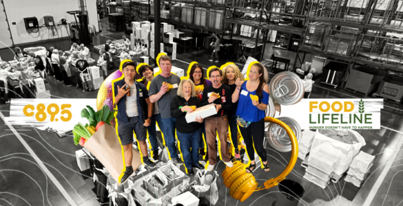 Group of volunteers at Food Lifeline, smiling and posing in a warehouse setting surrounded by boxes and canned goods, with a banner displaying gratitude and statistics about volunteer efforts.