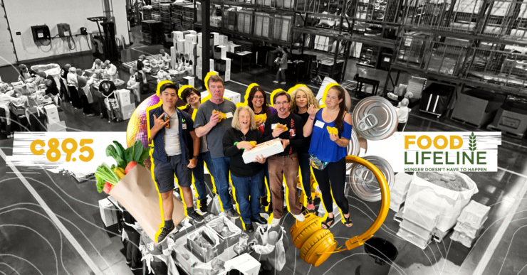 Group of volunteers at Food Lifeline, smiling and posing in a warehouse setting surrounded by boxes and canned goods, with a banner displaying gratitude and statistics about volunteer efforts.