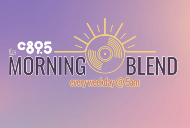 Logo of C89.5's Morning Blend program, featuring a stylized sun and record design with text "Morning Blend every weekday @ 5am" on a gradient purple background.