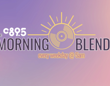 Logo of C89.5's Morning Blend program, featuring a stylized sun and record design with text "Morning Blend every weekday @ 5am" on a gradient purple background.