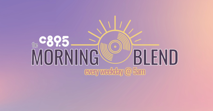 Logo of C89.5's Morning Blend program, featuring a stylized sun and record design with text "Morning Blend every weekday @ 5am" on a gradient purple background.