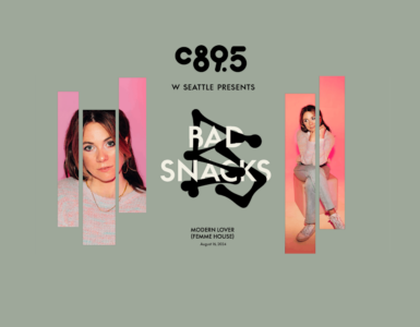 Promotional banner for C89.5 featuring musician Bad Snacks. Includes three stylized images of the artist in different poses with a backdrop of the text "Modern Lover (Femme House)" and event date August 16th