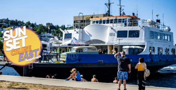 A large white ferry named "Hi-Yu" docked at a sunny waterfront, with people nearby enjoying the outdoors. A bright graphic on the left advertises a "SUN SET CRUISE August 8th.