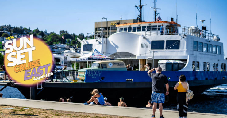 A large white ferry named "Hi-Yu" docked at a sunny waterfront, with people nearby enjoying the outdoors. A bright graphic on the left advertises a "SUN SET CRUISE August 8th.