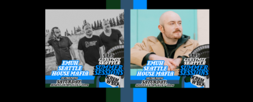 Promotional image featuring three members of the music group Swedish House Mafia on the left and one member on the right, with text overlays about an event in Seattle titled 'Guest Mix Seattle Summer Sessions' on August 24th, with additional event details.