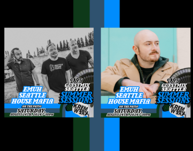 Promotional image featuring three members of the music group Swedish House Mafia on the left and one member on the right, with text overlays about an event in Seattle titled 'Guest Mix Seattle Summer Sessions' on August 24th, with additional event details.