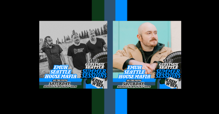 Promotional image featuring three members of the music group Swedish House Mafia on the left and one member on the right, with text overlays about an event in Seattle titled 'Guest Mix Seattle Summer Sessions' on August 24th, with additional event details.