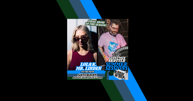 Promotional flyer for a live DJ event featuring LOLAK, Mr. Linden, and guests at Kremwerk, scheduled for Saturday, August 30th, 2024 at 7 PM. The flyer includes a split image: on the left, a person with sunglasses and a purple top; on the right, a person with a tattoo and a blue top featuring a cartoon design, standing by DJ equipment.