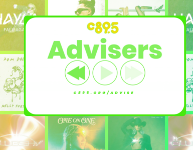 Promotional banner for C895 Advisers featuring a mosaic of green-toned music and artist images with central logo and playback icons, along with the website link c895.org/advisers.