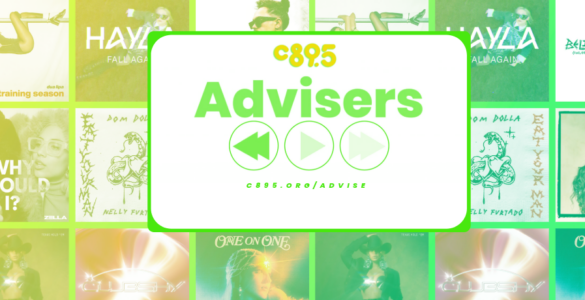 Promotional banner for C895 Advisers featuring a mosaic of green-toned music and artist images with central logo and playback icons, along with the website link c895.org/advisers.