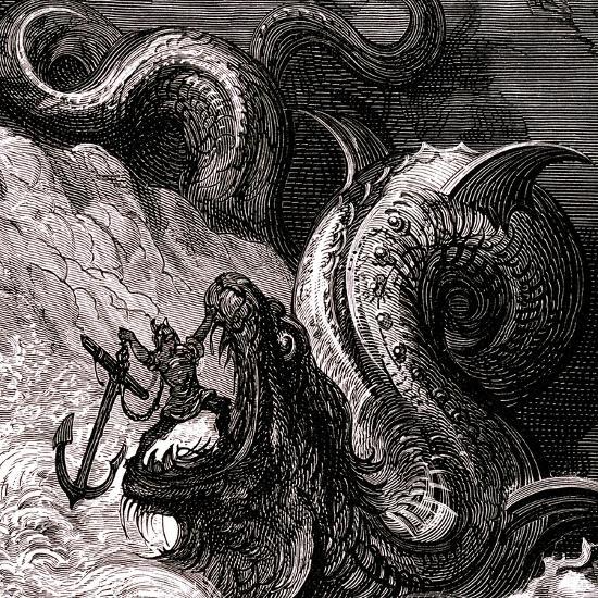 A woodcut of an ancient hero fighting a sea monster