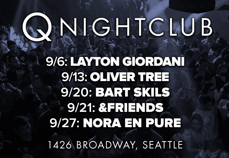 Promotional image for Q Nightclub featuring a crowded event with text overlay listing upcoming DJ performances including Layton Giordani, Oliver Tree, Bart Skils, and Nora En Pure in Seattle.