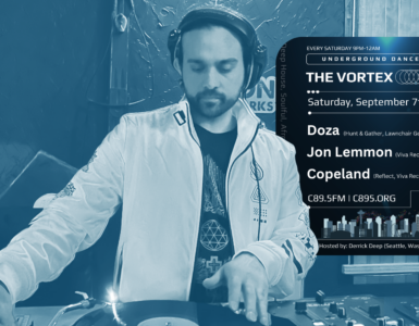 Promotional poster for The Vortex underground dance music event featuring Derrick Deep. The event occurs every Saturday from 9 PM to 12 AM at The Vortex, and details future performances by other artists. Includes a graphic of a DJ performing with headphones and a mixer, and information about the radio station C89.5 FM.