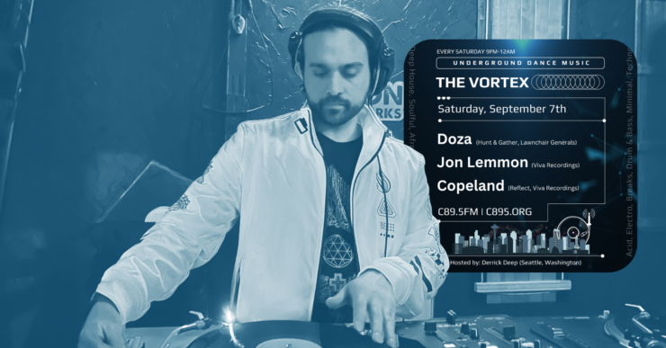 Promotional poster for The Vortex underground dance music event featuring Derrick Deep. The event occurs every Saturday from 9 PM to 12 AM at The Vortex, and details future performances by other artists. Includes a graphic of a DJ performing with headphones and a mixer, and information about the radio station C89.5 FM.