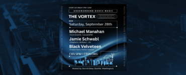 Event flyer for "The Vortex," an underground dance music event held every Saturday from 9 PM to 12 AM. Features artist Michael Manahan from Gather, CascadiaNW and second artist from Black Velvet, LA (Omphonc, Wulfpack - TEEN). Hosted by Derrrick Deep at locations C89.5FM and C895.org in Seattle. The flyer is graphically styled with bold lettering in whites and blues and includes stylized images of speakers, sound waves, and a vinyl record.