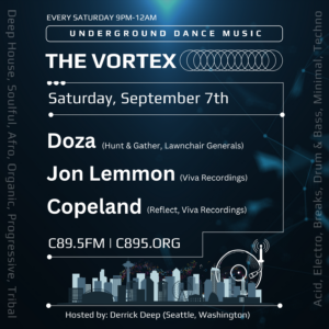 Promotional flyer for 'The Underground Dance Music' event featuring every Saturday from 9 PM to 12 AM. Includes artists Doza, Jon Lemmon, and Copeland. The event is hosted by Derrick Deep from Seattle, Washington. Background of the flyer includes a stylized graphic of a DJ mixing table with sound waves and a city skyline.