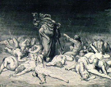 Dante and virgil in a dogpile of gluttons