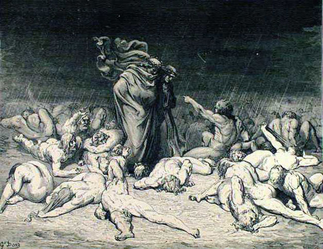 Dante and virgil in a dogpile of gluttons