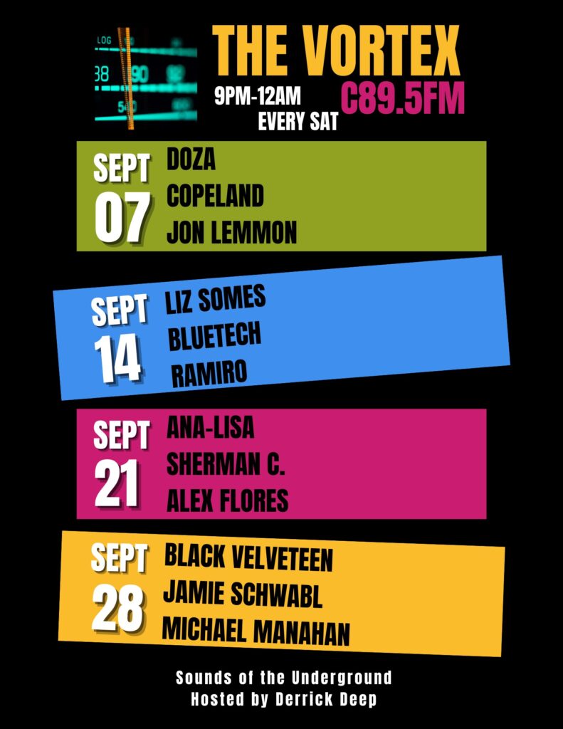 Promotional poster for The Vortex 89.5 FM featuring colorful blocks with event dates and names of various artists performing every Saturday, including Doza Copeland, Liz Sommons, Ruitech, Ana-Lisa C., Sherman C., Alex Velteen, and Jamie Schwabl. Hosted by Derrick Deep.