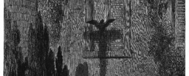 A raven forming a crucifix shadow in woodcut