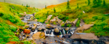 A foggy mountainside with a creek flowing down, featuring a small waterfall. The landscape is primarily covered in green grass, with a few scattered trees.