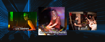 Three images of DJs performing at different events. From left to right: Liz Somes in a green-lit booth, Christine Michelle under pink lighting, and D. Guti featuring a lively crowd interaction in a red-lit setting.