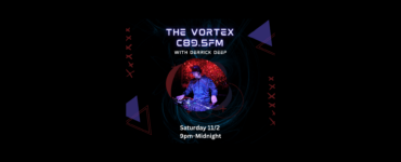 Promotional image for a radio show called "The Vortex" on C89.5 FM featuring DJ Derrick Deep. Depicts the DJ at work with a mixing console under blue lighting, surrounded by a vibrant circular red pattern in the background. Event details indicate it occurs on Saturday, 11/2 from 9 PM to Midnight.