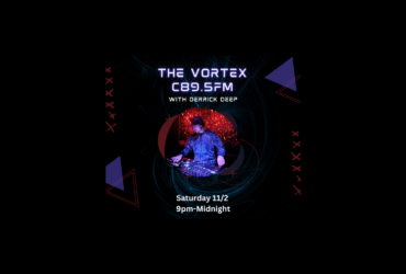 Promotional image for a radio show called "The Vortex" on C89.5 FM featuring DJ Derrick Deep. Depicts the DJ at work with a mixing console under blue lighting, surrounded by a vibrant circular red pattern in the background. Event details indicate it occurs on Saturday, 11/2 from 9 PM to Midnight.