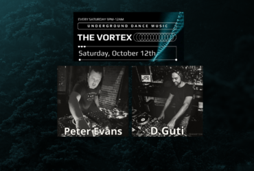 Promotional image for The Vortex, an underground dance music event, featuring DJ Peter Evans and DJ D. Guti playing at decks. The event is scheduled for Saturday, October 12th, set against a dark, leafy background.