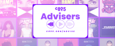 Promotional banner for C895 Advisers featuring a central logo flanked by multimedia icons, surrounded by collage of album covers from artists like Michael Jackson, Whitney Houston, and New Order.