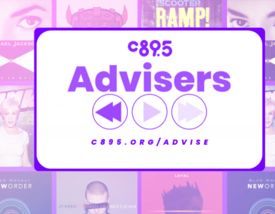 Promotional banner for C895 Advisers featuring a central logo flanked by multimedia icons, surrounded by collage of album covers from artists like Michael Jackson, Whitney Houston, and New Order.