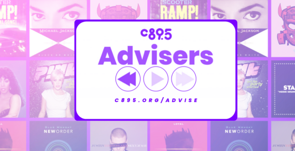 Promotional banner for C895 Advisers featuring a central logo flanked by multimedia icons, surrounded by collage of album covers from artists like Michael Jackson, Whitney Houston, and New Order.