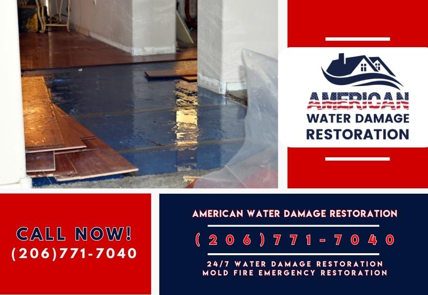 Image showing a flooded floor with water damage, featuring the logo of American Water Damage Restoration and their contact information.