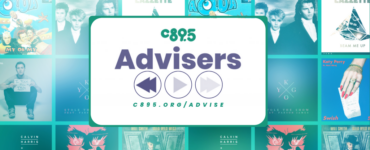 Promotional banner for C895 Advisers, featuring a central logo surrounded by various colorful album covers from artists like Aqua, Katy Perry, and Calvin Harris.