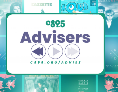 Promotional banner for C895 Advisers, featuring a central logo surrounded by various colorful album covers from artists like Aqua, Katy Perry, and Calvin Harris.