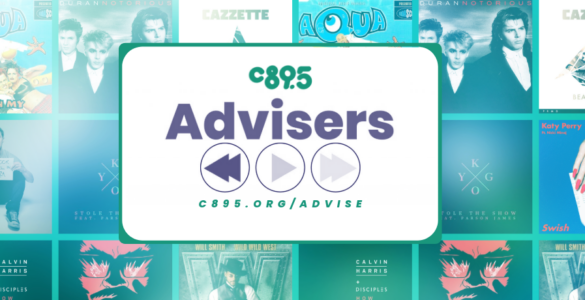 Promotional banner for C895 Advisers, featuring a central logo surrounded by various colorful album covers from artists like Aqua, Katy Perry, and Calvin Harris.