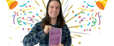 A graphic of glitter and balloons surrounding a photo of a young holding an award