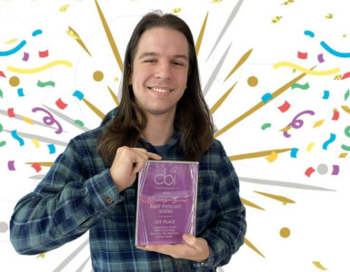 A graphic of glitter and balloons surrounding a photo of a young holding an award