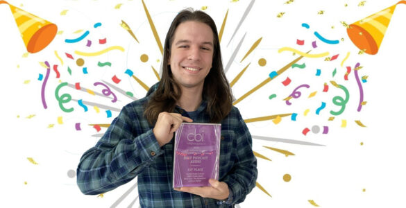 A graphic of glitter and balloons surrounding a photo of a young holding an award