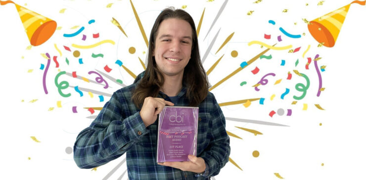 A graphic of glitter and balloons surrounding a photo of a young holding an award