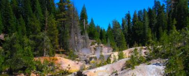 A creek flowing through a rocky hydrothermal area with steam rising, surrounded by evergreen trees.