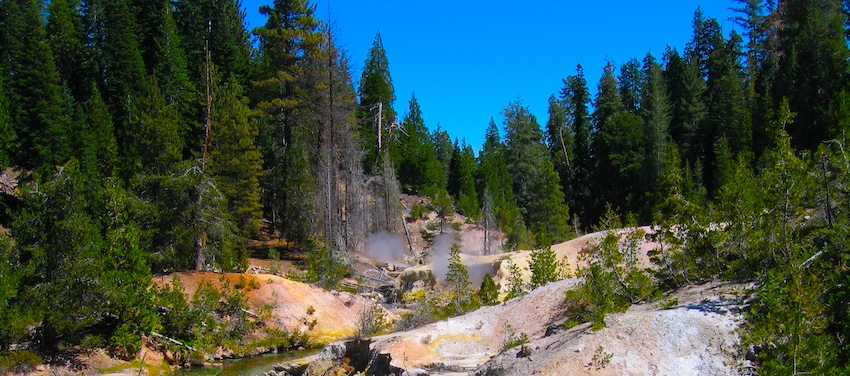 A creek flowing through a rocky hydrothermal area with steam rising, surrounded by evergreen trees.