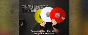 Roman Marian, from Belgium and Romania, holding three colorful vinyl records in front of their face, with a black and white street scene in the background.