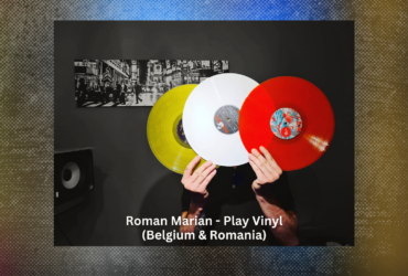 Roman Marian, from Belgium and Romania, holding three colorful vinyl records in front of their face, with a black and white street scene in the background.