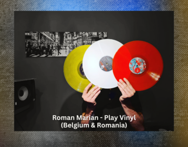 Roman Marian, from Belgium and Romania, holding three colorful vinyl records in front of their face, with a black and white street scene in the background.